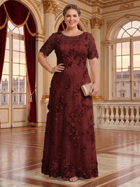 A Line Plus Size Lace Short Sleeves Round Neck Floor Length Mother of the Bride/Groom Dresses