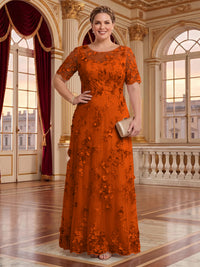 A Line Plus Size Lace Short Sleeves Round Neck Floor Length Mother of the Bride/Groom Dresses