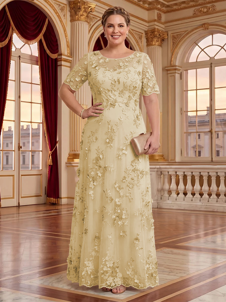 A Line Plus Size Lace Short Sleeves Round Neck Floor Length Mother of the Bride/Groom Dresses