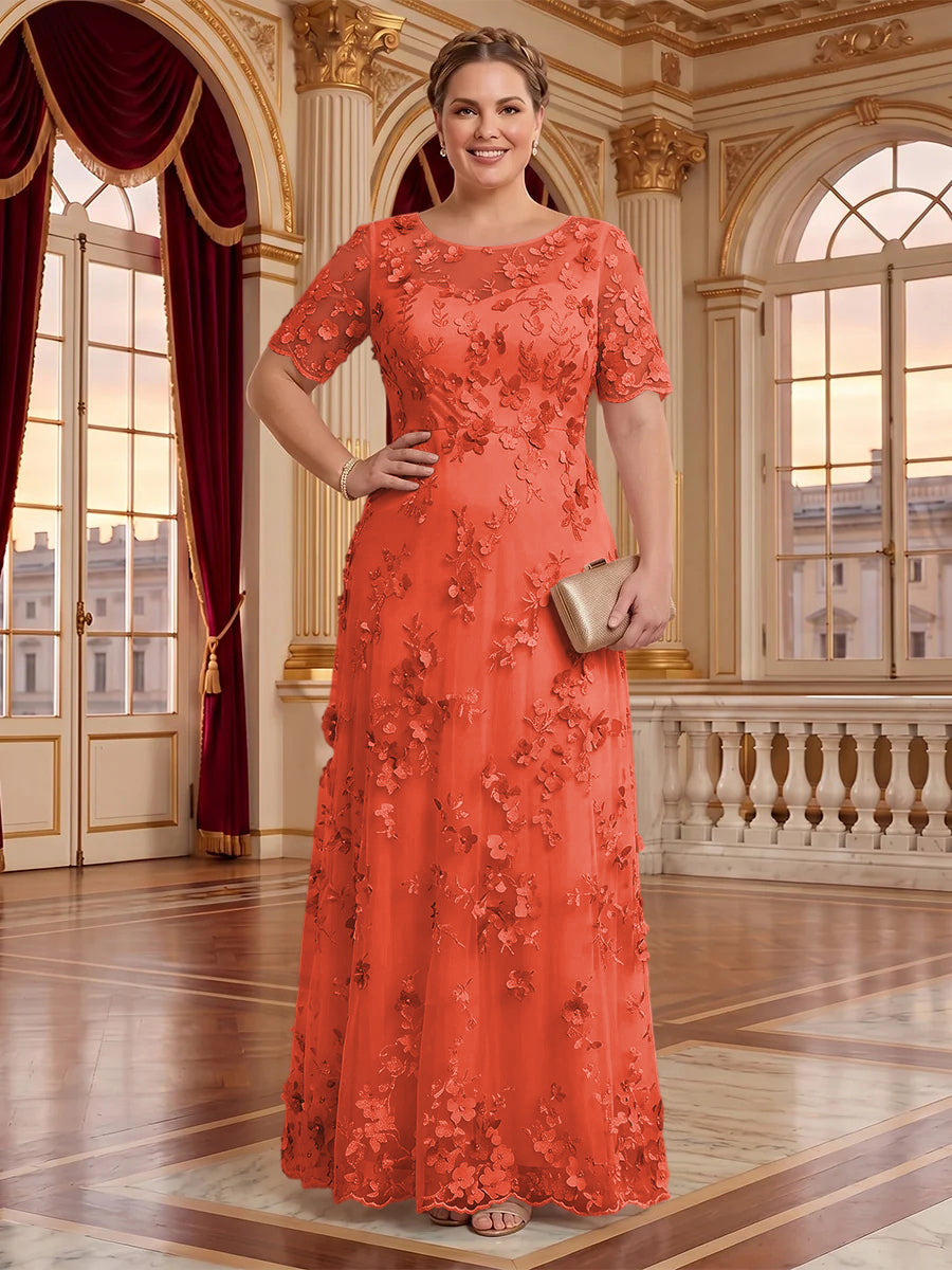 A Line Plus Size Lace Short Sleeves Round Neck Floor Length Mother of the Bride/Groom Dresses