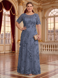 A Line Plus Size Lace Short Sleeves Round Neck Floor Length Mother of the Bride/Groom Dresses
