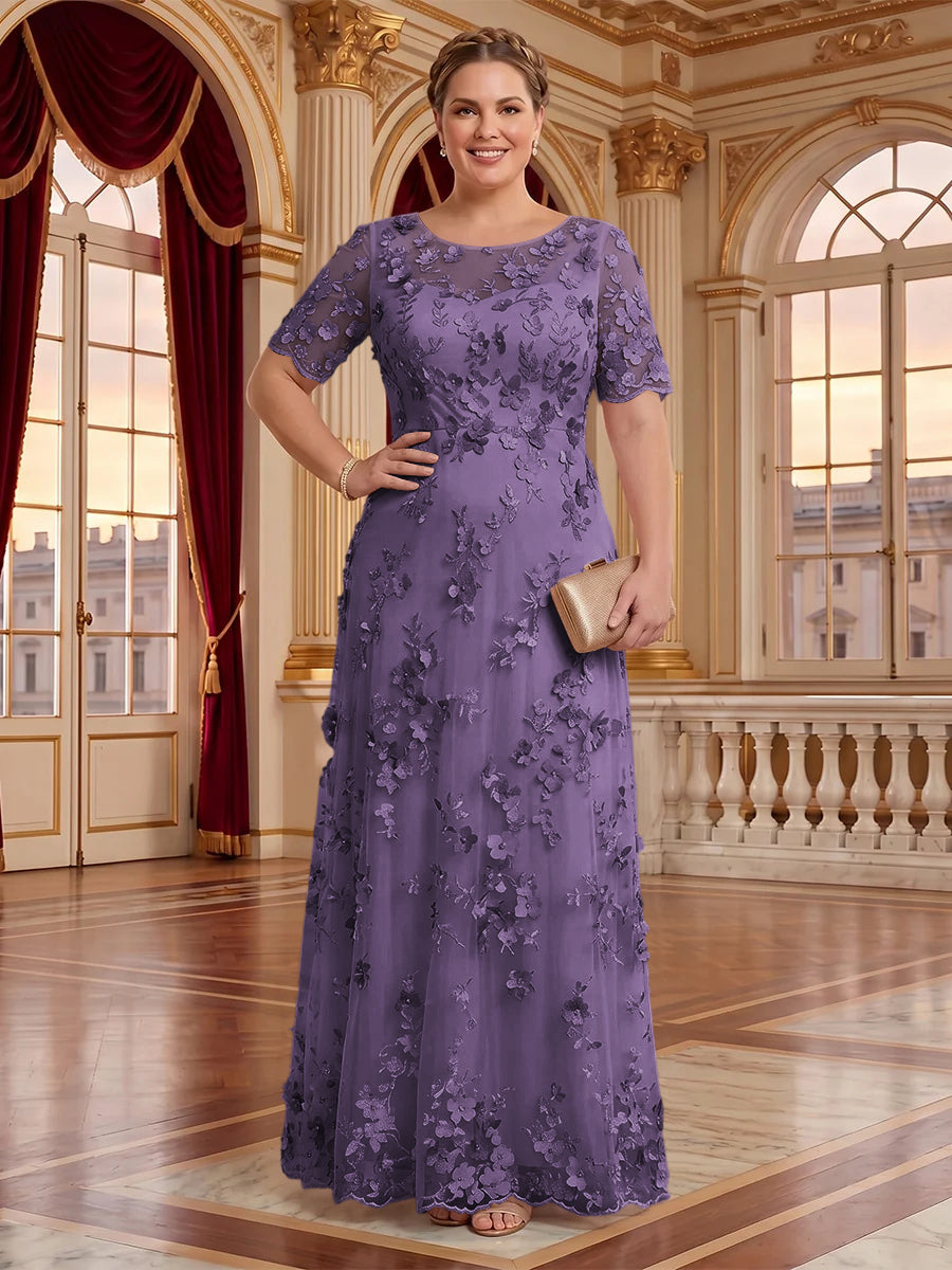 A Line Plus Size Lace Short Sleeves Round Neck Floor Length Mother of the Bride/Groom Dresses
