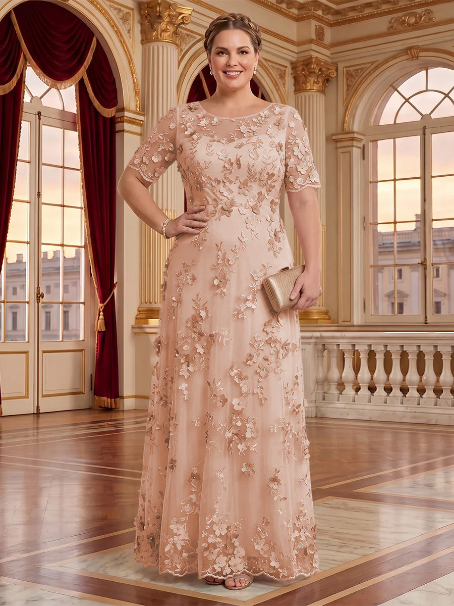 A Line Plus Size Lace Short Sleeves Round Neck Floor Length Mother of the Bride/Groom Dresses