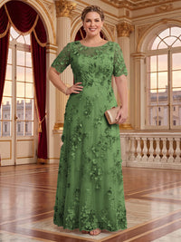A Line Plus Size Lace Short Sleeves Round Neck Floor Length Mother of the Bride/Groom Dresses