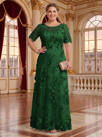 A Line Plus Size Lace Short Sleeves Round Neck Floor Length Mother of the Bride/Groom Dresses