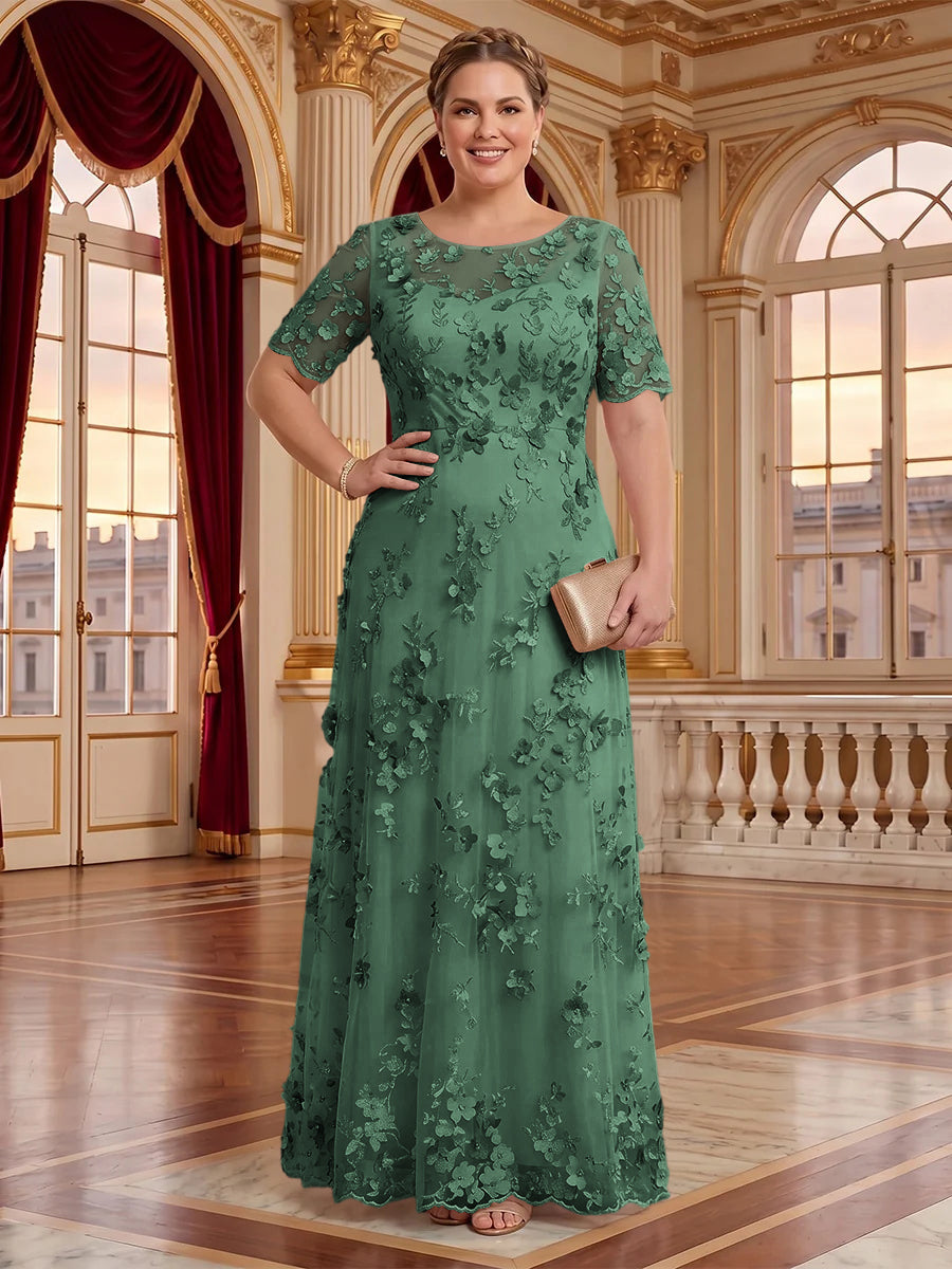 A Line Plus Size Lace Short Sleeves Round Neck Floor Length Mother of the Bride/Groom Dresses