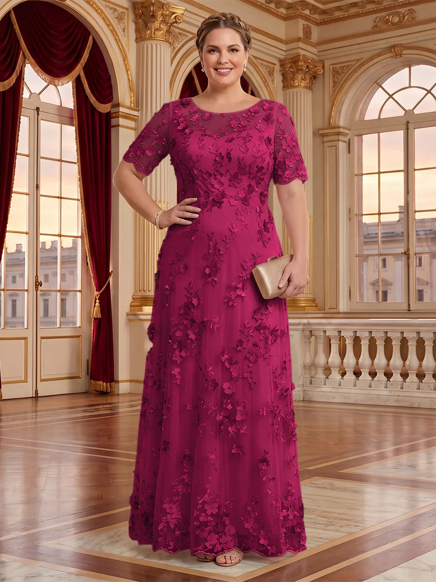 A Line Plus Size Lace Short Sleeves Round Neck Floor Length Mother of the Bride/Groom Dresses
