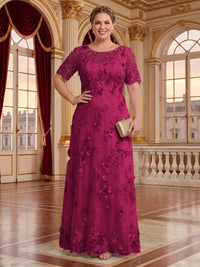A Line Plus Size Lace Short Sleeves Round Neck Floor Length Mother of the Bride/Groom Dresses