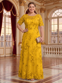 A Line Plus Size Lace Short Sleeves Round Neck Floor Length Mother of the Bride/Groom Dresses
