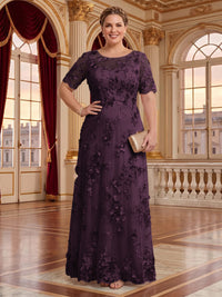 A Line Plus Size Lace Short Sleeves Round Neck Floor Length Mother of the Bride/Groom Dresses