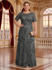 A Line Plus Size Lace Short Sleeves Round Neck Floor Length Mother of the Bride/Groom Dresses