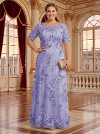 A Line Plus Size Lace Short Sleeves Round Neck Floor Length Mother of the Bride/Groom Dresses