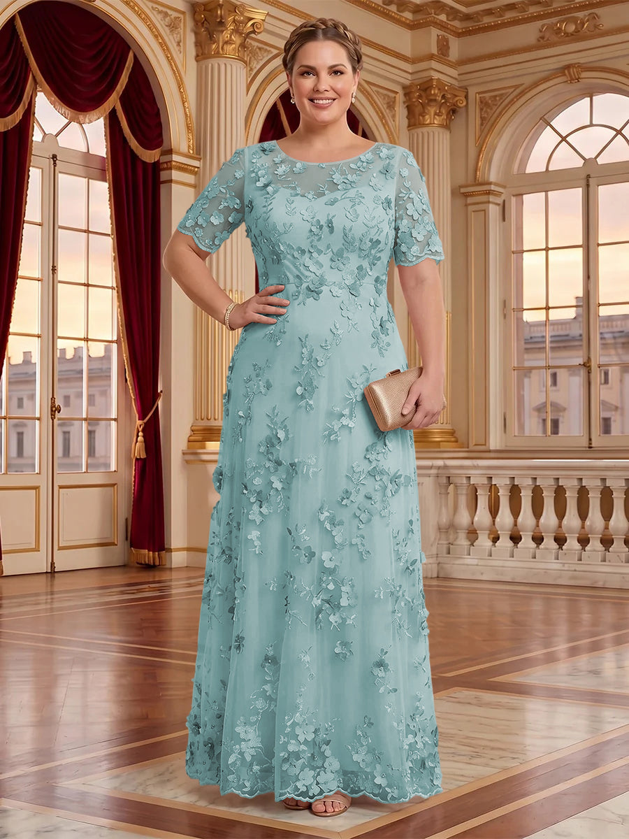 A Line Plus Size Lace Short Sleeves Round Neck Floor Length Mother of the Bride/Groom Dresses