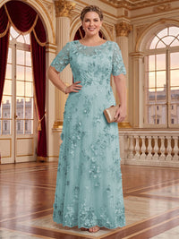 A Line Plus Size Lace Short Sleeves Round Neck Floor Length Mother of the Bride/Groom Dresses