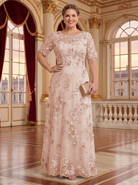 A Line Plus Size Lace Short Sleeves Round Neck Floor Length Mother of the Bride/Groom Dresses