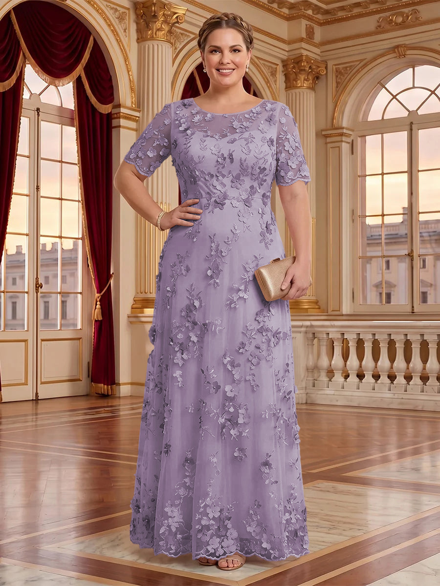 A Line Plus Size Lace Short Sleeves Round Neck Floor Length Mother of the Bride/Groom Dresses
