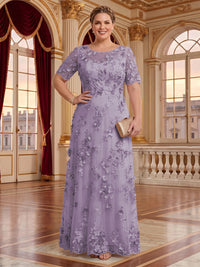 A Line Plus Size Lace Short Sleeves Round Neck Floor Length Mother of the Bride/Groom Dresses