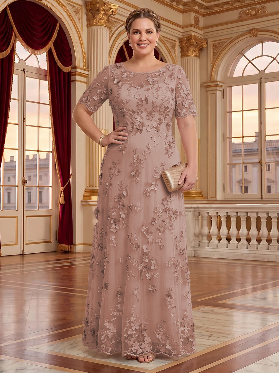 A Line Plus Size Lace Short Sleeves Round Neck Floor Length Mother of the Bride/Groom Dresses