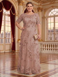 A Line Plus Size Lace Short Sleeves Round Neck Floor Length Mother of the Bride/Groom Dresses