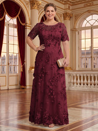 A Line Plus Size Lace Short Sleeves Round Neck Floor Length Mother of the Bride/Groom Dresses