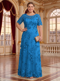 A Line Plus Size Lace Short Sleeves Round Neck Floor Length Mother of the Bride/Groom Dresses