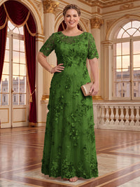 A Line Plus Size Lace Short Sleeves Round Neck Floor Length Mother of the Bride/Groom Dresses
