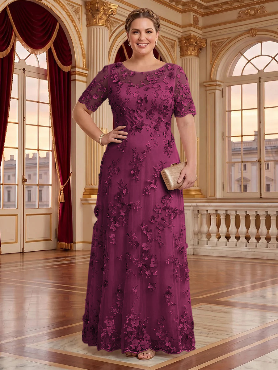 A Line Plus Size Lace Short Sleeves Round Neck Floor Length Mother of the Bride/Groom Dresses