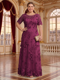 A Line Plus Size Lace Short Sleeves Round Neck Floor Length Mother of the Bride/Groom Dresses