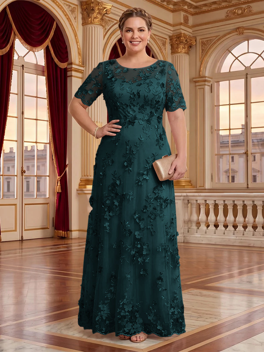 A Line Plus Size Lace Short Sleeves Round Neck Floor Length Mother of the Bride/Groom Dresses