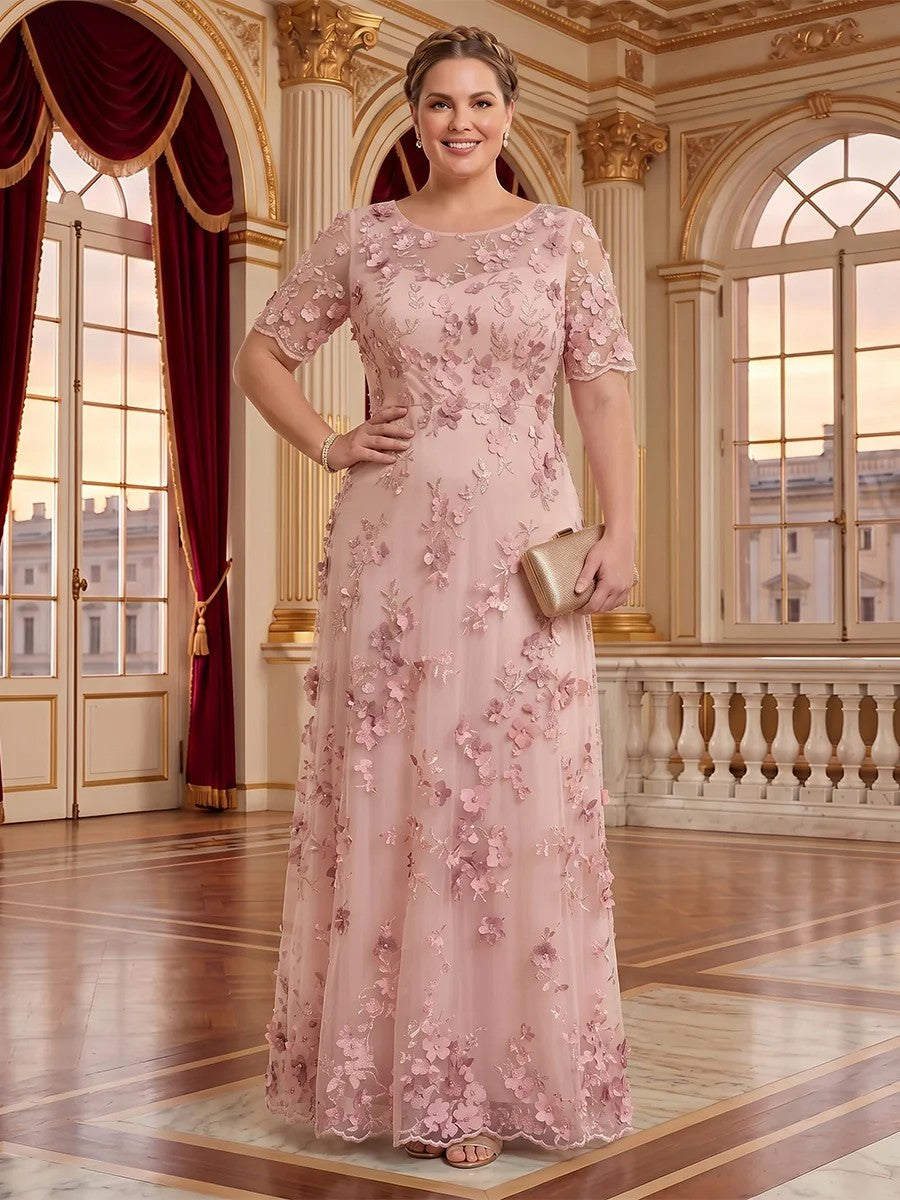 A Line Plus Size Lace Short Sleeves Round Neck Floor Length Mother of the Bride/Groom Dresses
