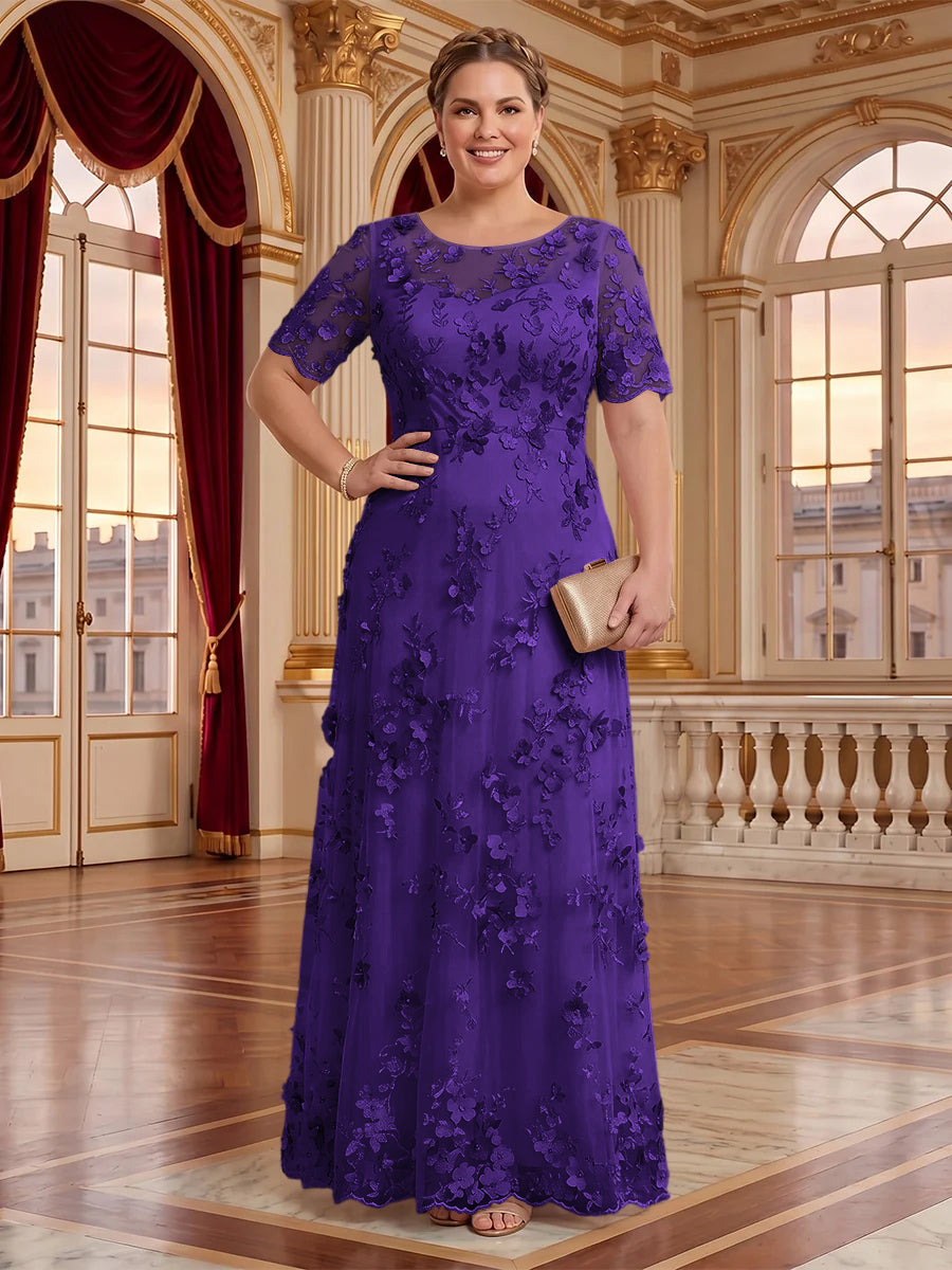 A Line Plus Size Lace Short Sleeves Round Neck Floor Length Mother of the Bride/Groom Dresses