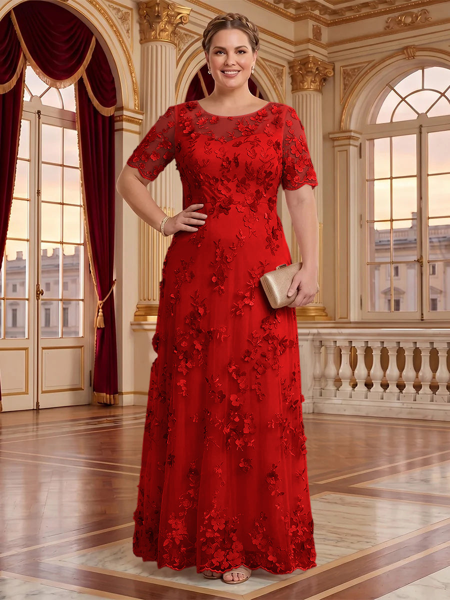 A Line Plus Size Lace Short Sleeves Round Neck Floor Length Mother of the Bride/Groom Dresses