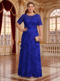 A Line Plus Size Lace Short Sleeves Round Neck Floor Length Mother of the Bride/Groom Dresses