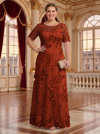 A Line Plus Size Lace Short Sleeves Round Neck Floor Length Mother of the Bride/Groom Dresses