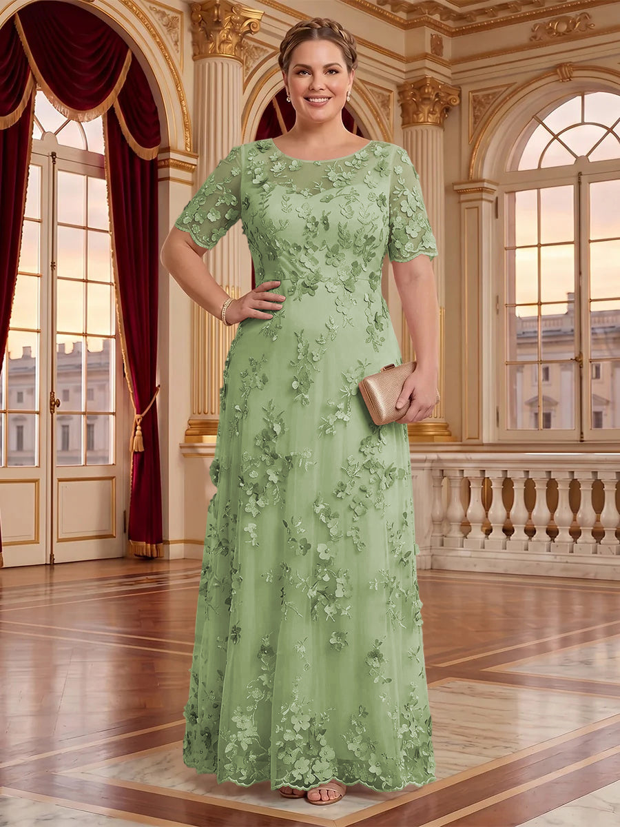 A Line Plus Size Lace Short Sleeves Round Neck Floor Length Mother of the Bride/Groom Dresses