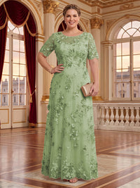 A Line Plus Size Lace Short Sleeves Round Neck Floor Length Mother of the Bride/Groom Dresses