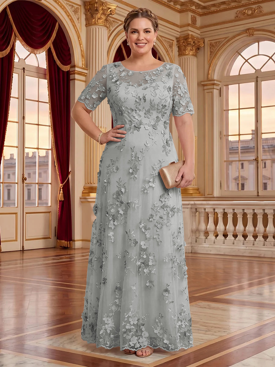 A Line Plus Size Lace Short Sleeves Round Neck Floor Length Mother of the Bride/Groom Dresses