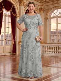 A Line Plus Size Lace Short Sleeves Round Neck Floor Length Mother of the Bride/Groom Dresses