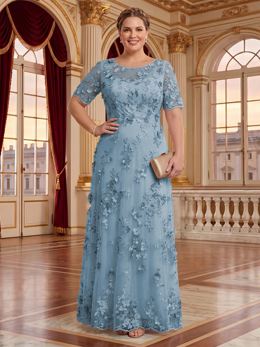 A Line Plus Size Lace Short Sleeves Round Neck Floor Length Mother of the Bride/Groom Dresses