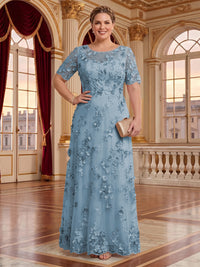 A Line Plus Size Lace Short Sleeves Round Neck Floor Length Mother of the Bride/Groom Dresses