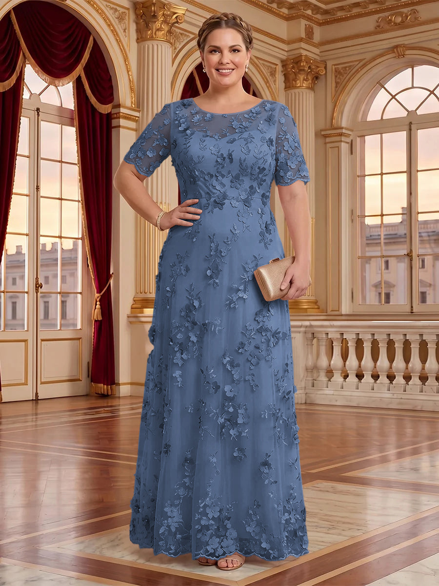 A Line Plus Size Lace Short Sleeves Round Neck Floor Length Mother of the Bride/Groom Dresses