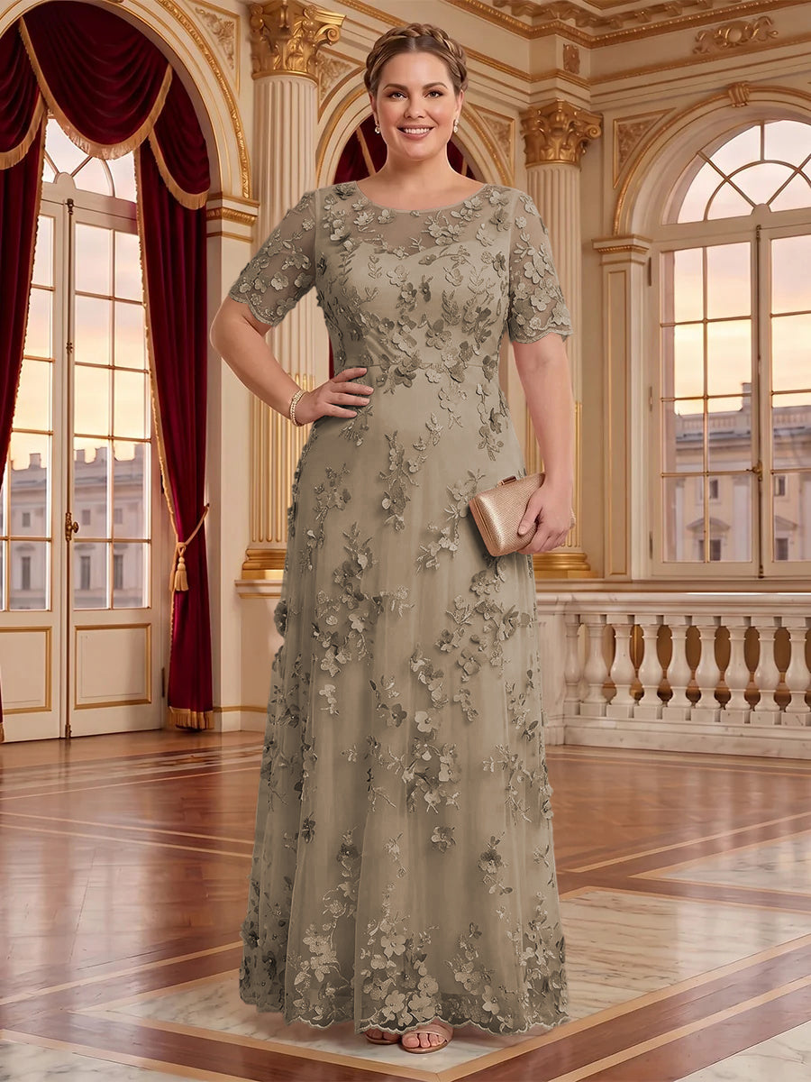 A Line Plus Size Lace Short Sleeves Round Neck Floor Length Mother of the Bride/Groom Dresses