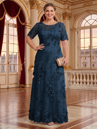 A Line Plus Size Lace Short Sleeves Round Neck Floor Length Mother of the Bride/Groom Dresses