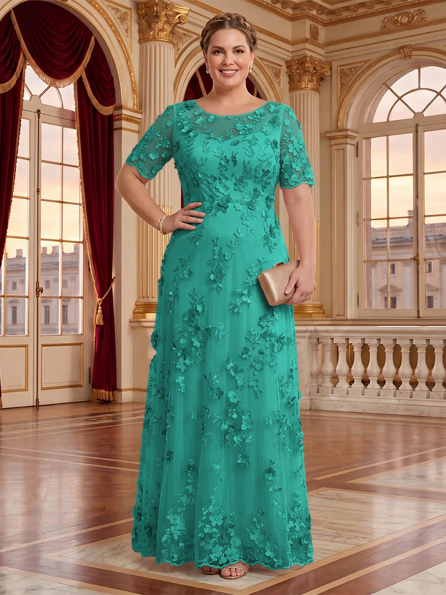 A Line Plus Size Lace Short Sleeves Round Neck Floor Length Mother of the Bride/Groom Dresses