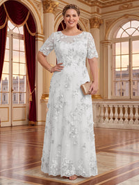 A Line Plus Size Lace Short Sleeves Round Neck Floor Length Mother of the Bride/Groom Dresses