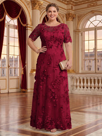 A Line Plus Size Lace Short Sleeves Round Neck Floor Length Mother of the Bride/Groom Dresses