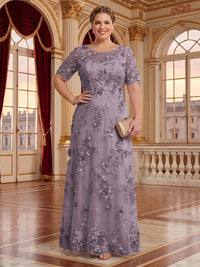 A Line Plus Size Lace Short Sleeves Round Neck Floor Length Mother of the Bride/Groom Dresses