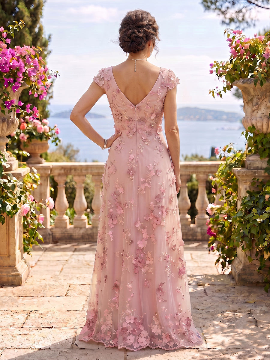 V Neck Tulle Cap Sleeves A Line Mother of the Bride/Groom Dresses