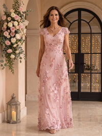 V Neck Tulle Cap Sleeves A Line Mother of the Bride/Groom Dresses