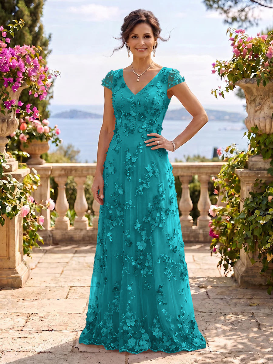 V Neck Tulle Cap Sleeves A Line Mother of the Bride/Groom Dresses